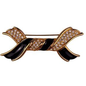 Swarovski Womens Gold Tone Black Enamel Crystal Ribbon Brooch Pin Vintage